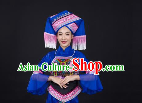 Chinese Traditional Zhuang Nationality Blue Suits Guangxi Minority Blouse and Pants Ethnic Folk Dance Garment Clothing with Headwear