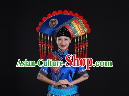 Chinese Guangxi Minority Blue Dress Ethnic Festival Garment Clothing Traditional Zhuang Nationality Folk Dance Suits and Headwear