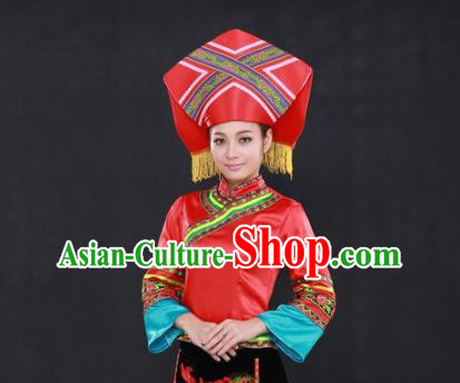 Chinese Traditional Zhuang Nationality Performance Suits Guangxi Minority Dance Dress Ethnic Garment Clothing and Hat
