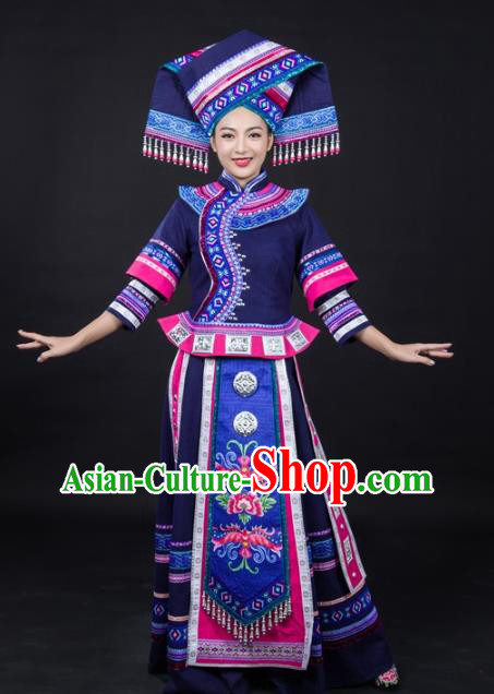 Chinese Traditional Zhuang Nationality Female Garments Guangxi Minority Wedding Navy Dress Ethnic Dance Performance Clothing and Headdress
