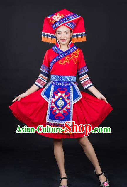 Chinese Guangxi Minority Folk Dance Red Short Dress Traditional Ethnic Clothing Zhuang Nationality Female Garments and Hat