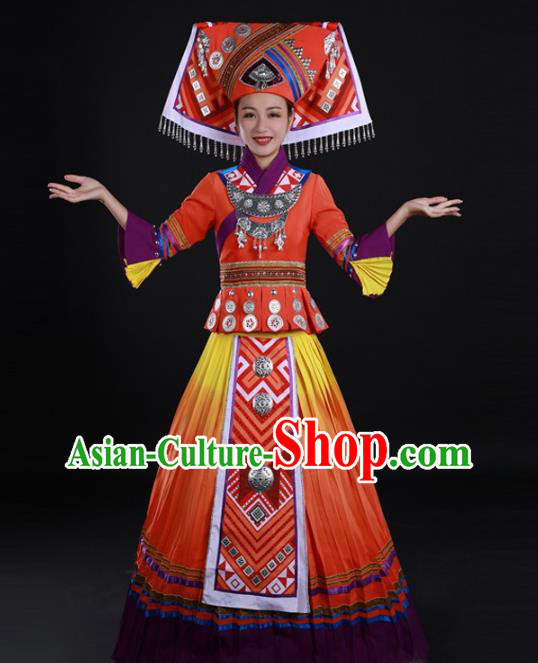 Chinese Ethnic Performance Clothing Traditional Zhuang Nationality Dance Garments Minority Wedding Orange Dress and Headdress