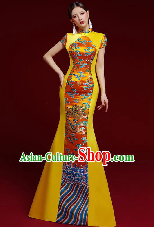 China Stage Show Clothing Catwalks Classical Dragon Pattern Brocade Cheongsam Garment Wedding Golden Fishtail Full Dress