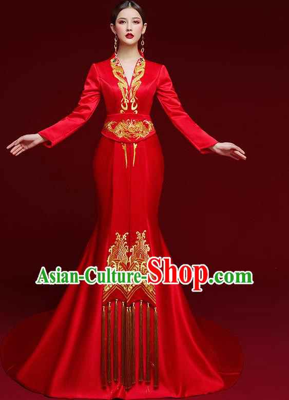 China Stage Show Clothing Catwalks Compere Embroidered Garment Wedding Red Brocade Fishtail Full Dress