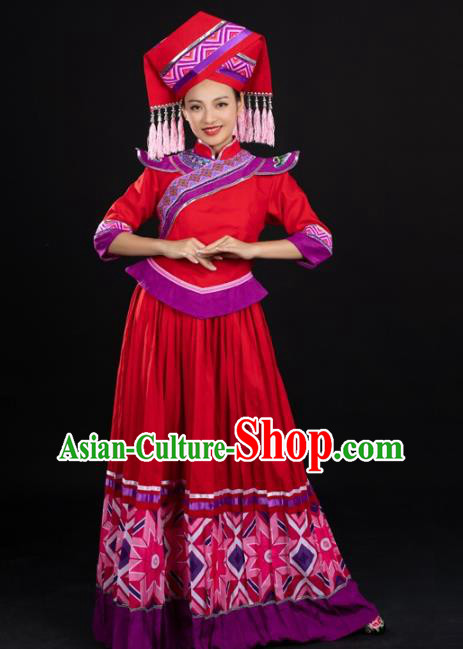 Chinese Traditional Zhuang Nationality Female Garments Guangxi Minority Red Dress Ethnic Folk Dance Clothing and Hat