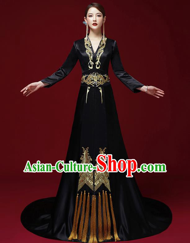 China Catwalks Trailing Dress Garment Compere Black Full Dress Stage Show Embroidered Clothing