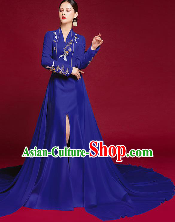 China Compere Royalblue Trailing Full Dress Stage Show Embroidered Clothing Catwalks Dress Garment