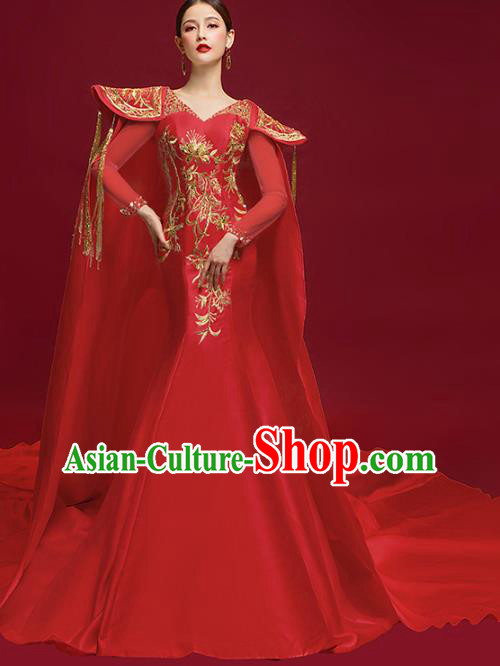 China Embroidered Garment Compere Trailing Cape Dress Stage Show Wedding Clothing Catwalks Full Dress