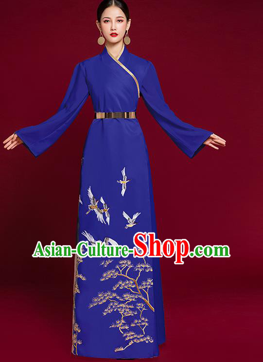 China Stage Show Embroidered Pine Crane Clothing Catwalks Royalblue Dress Garment Compere Trailing Full Dress