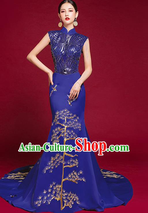 China Compere Royalblue Qipao Dress Stage Show Embroidered Sequins Cheongsam Clothing Catwalks Trailing Full Dress Garment