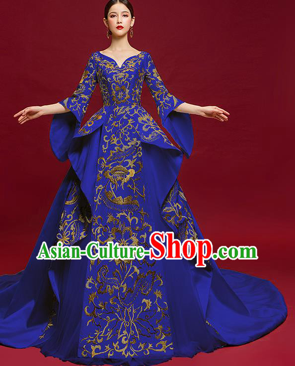 China Stage Show Trailing Full Dress Catwalks Clothing Compere Embroidered Royalblue Dress Garment