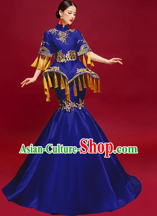 China Stage Show Fishtail Full Dress Catwalks Clothing Compere Embroidered Royalblue Satin Dress Cheongsam Garment