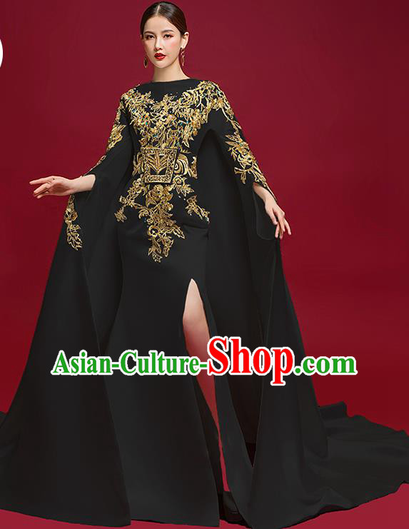 China Embroidered Black Dress Garment Stage Show Full Dress Catwalks Compere Fashion Clothing
