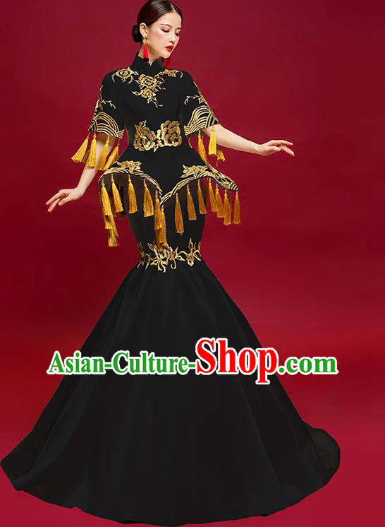 China Catwalks Fashion Clothing Compere Embroidered Black Cheongsam Garment Stage Show Fishtail Full Dress