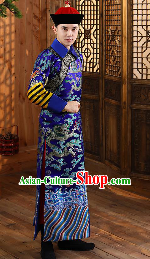 China Ancient Qing Dynasty Court Eunuch Robe Garment Historical Clothing and Hat Complete Set