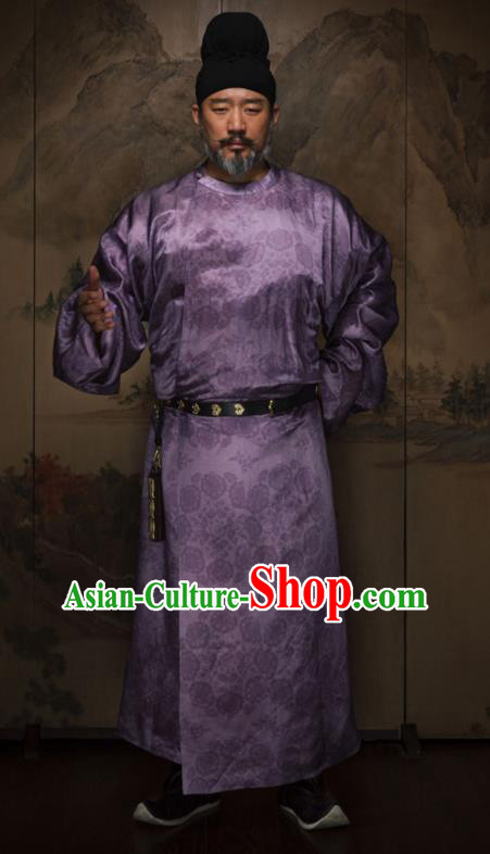 China Tang Dynasty Swordsman Historical Garment Costume Ancient Elderly Man Purple Hanfu Robe and Hat