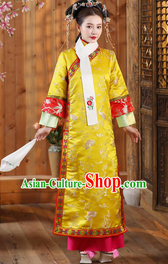 Ancient China Qing Dynasty Court Empress Historical Clothing Yellow Dress Garments and Handmade Headpieces