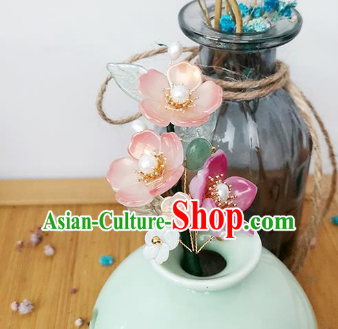 Chinese Ancient Palace Lady Pearls Hairpin Traditional Ming Dynasty Pink Begonia Hair Stick