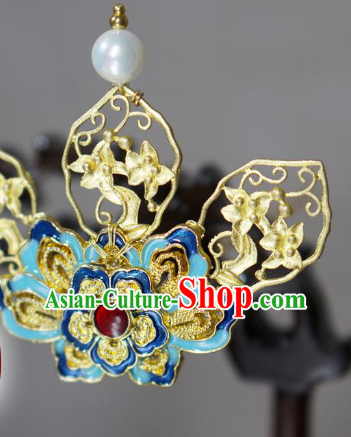 Chinese Ancient Royal Queen Golden Hairpin Traditional Ming Dynasty Blueing Peony Hair Crown