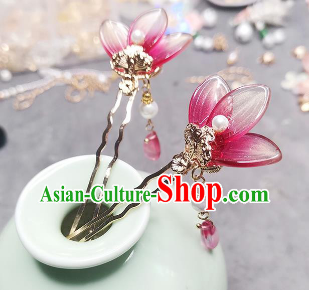 Chinese Ancient Young Lady Red Flower Hairpin Traditional Ming Dynasty Tassel Hair Stick