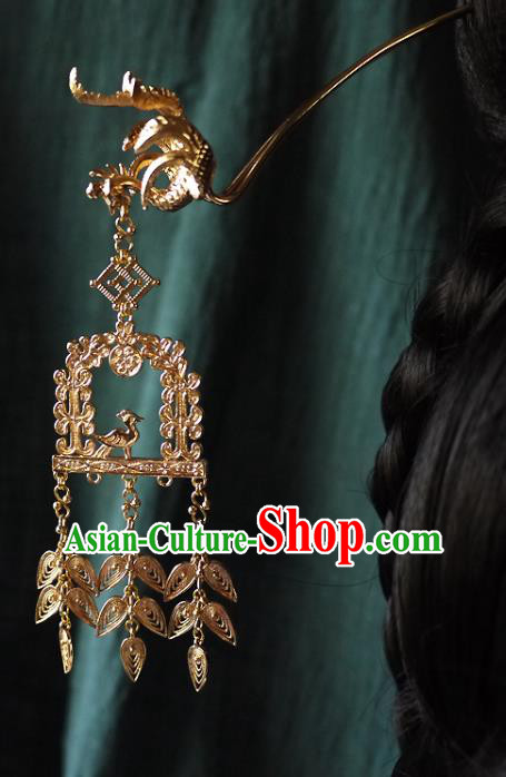 Chinese Ancient Queen Golden Phoenix Hairpin Hair Accessories Traditional Ming Dynasty Empress Tassel Hair Stick