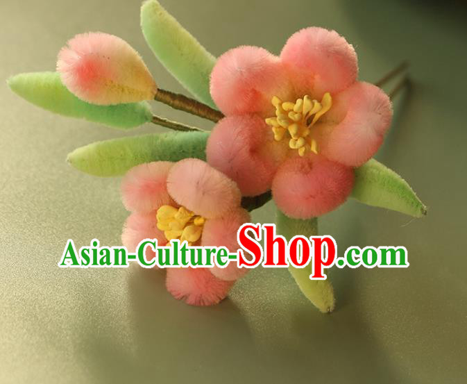 China Ancient Palace Lady Hair Stick Traditional Ming Dynasty Pink Velvet Peach Blossom Hairpin Hair Accessories