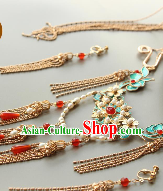 Chinese Traditional Wedding Golden Tassel Necklace Ancient Ming Dynasty Noble Lady Pearls Necklet