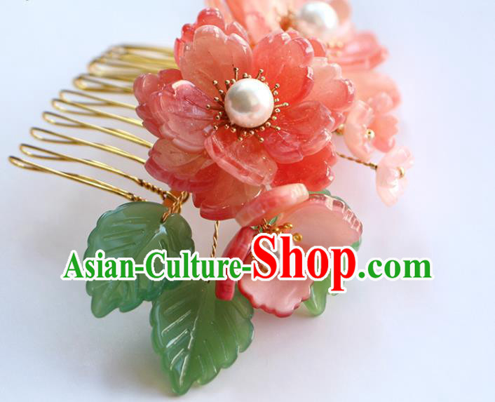 China Ancient Princess Hairpin Traditional Hanfu Hair Accessories Ming Dynasty Pink Peony Hair Comb
