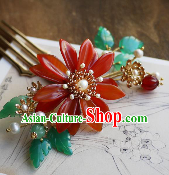 Chinese Ancient Imperial Concubine Hairpin Hair Accessories Traditional Qing Dynasty Agate Chrysanthemum Hair Comb