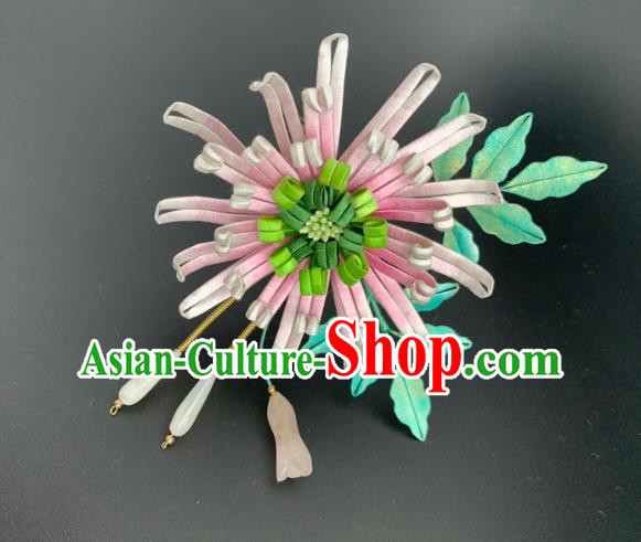 China Ancient Handmade Pink Silk Chrysanthemum Hairpin Traditional Hanfu Hair Accessories Song Dynasty Imperial Concubine Hair Stick