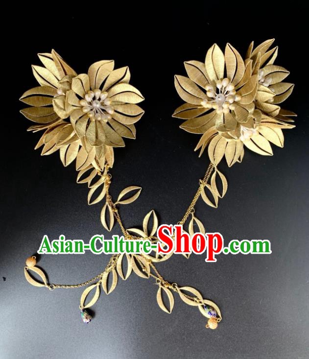 China Handmade Golden Silk Chrysanthemum Hairpin Traditional Hanfu Hair Accessories Ancient Song Dynasty Princess Hair Claw