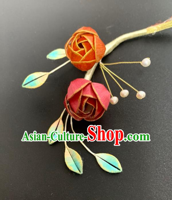 China Handmade Silk Rose Hairpin Traditional Hanfu Hair Accessories Ancient Song Dynasty Young Lady Hair Stick