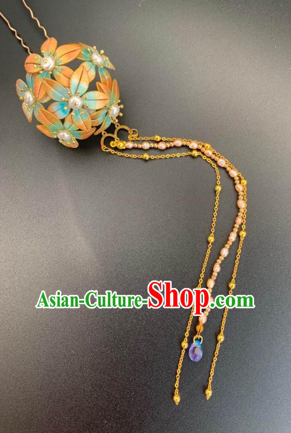 China Handmade Silk Hydrangea Hairpin Traditional Hanfu Hair Accessories Ancient Tang Dynasty Princess Pearls Tassel Hair Stick