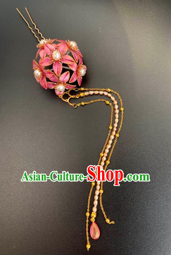 China Handmade Pearls Tassel Hairpin Traditional Hanfu Hair Accessories Ancient Tang Dynasty Princess Pink Silk Hydrangea Hair Stick