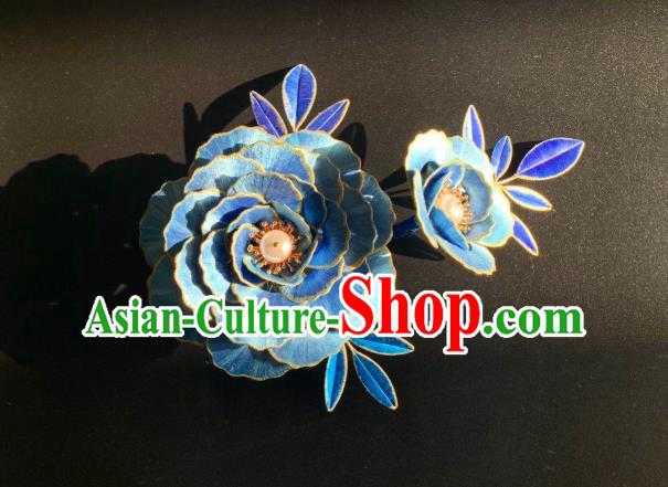 China Traditional Hanfu Hair Accessories Ancient Tang Dynasty Court Beauty Hair Comb Handmade Blue Silk Peony Hairpin