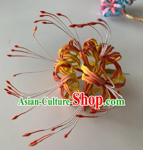 China Handmade Yellow Silk Manjusaka Hairpin Traditional Hanfu Hair Accessories Ancient Tang Dynasty Hair Stick