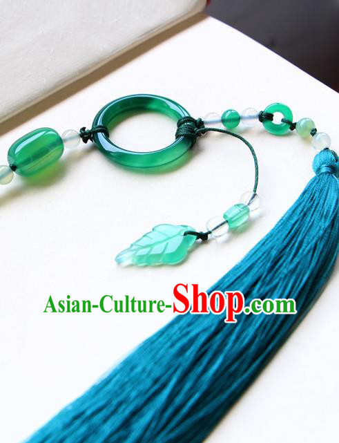 Chinese Traditional Hanfu Blue Tassel Belt Pendant Ancient Swordsman Jade Waist Accessories