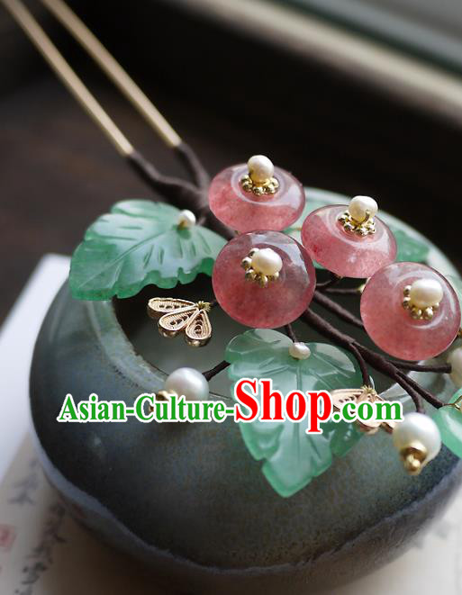 Chinese Ancient Court Beauty Pearls Hairpin Hair Accessories Traditional Qing Dynasty Strawberry Quartz Hair Stick