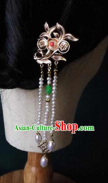 Chinese Ancient Palace Lady Pearls Tassel Hairpin Hair Accessories Traditional Song Dynasty Golden Orchids Hair Stick