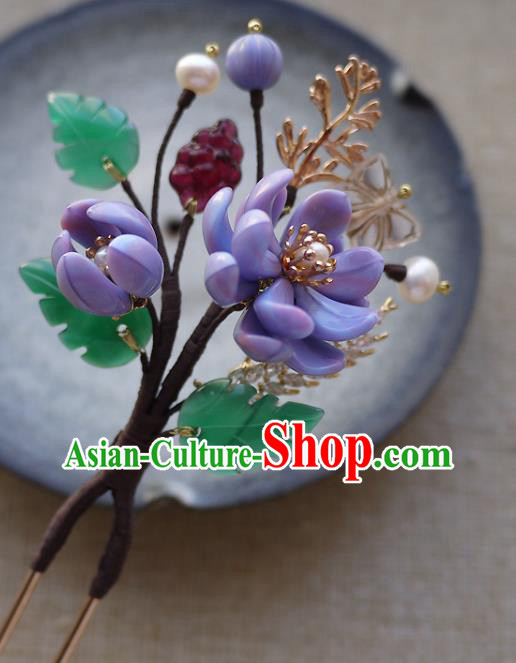 Chinese Ancient Royal Princess Purple Flowers Hairpin Traditional Ming Dynasty Palace Lady Hair Stick