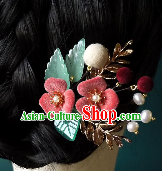 Chinese Ancient Noble Lady Pearls Hairpin Traditional Ming Dynasty Pink Flower Hair Stick