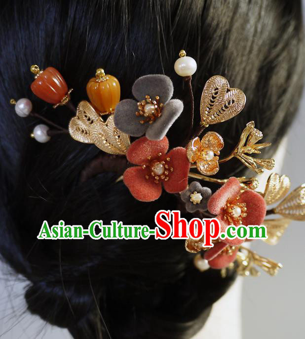 Chinese Ancient Young Beauty Pearls Hairpin Traditional Song Dynasty Princess Flowers Hair Comb