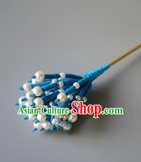Chinese Ancient Imperial Consort Blue Hairpin Traditional Qing Dynasty Court Woman Pearls Hair Stick