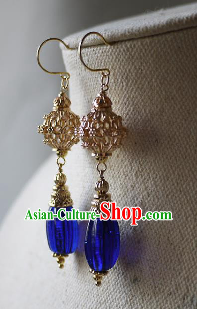 Chinese Ancient Qing Dynasty Palace Lady Ear Accessories Traditional Cheongsam Golden Lantern Earrings