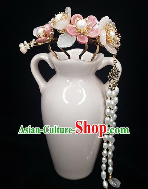 Chinese Ancient Court Lady Begonia Hairpin Traditional Song Dynasty Pearls Tassel Hair Comb