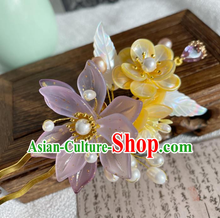 Chinese Ancient Princess Yellow Shell Plum Hairpin Traditional Ming Dynasty Young Lady Lilac Flower Hair Stick