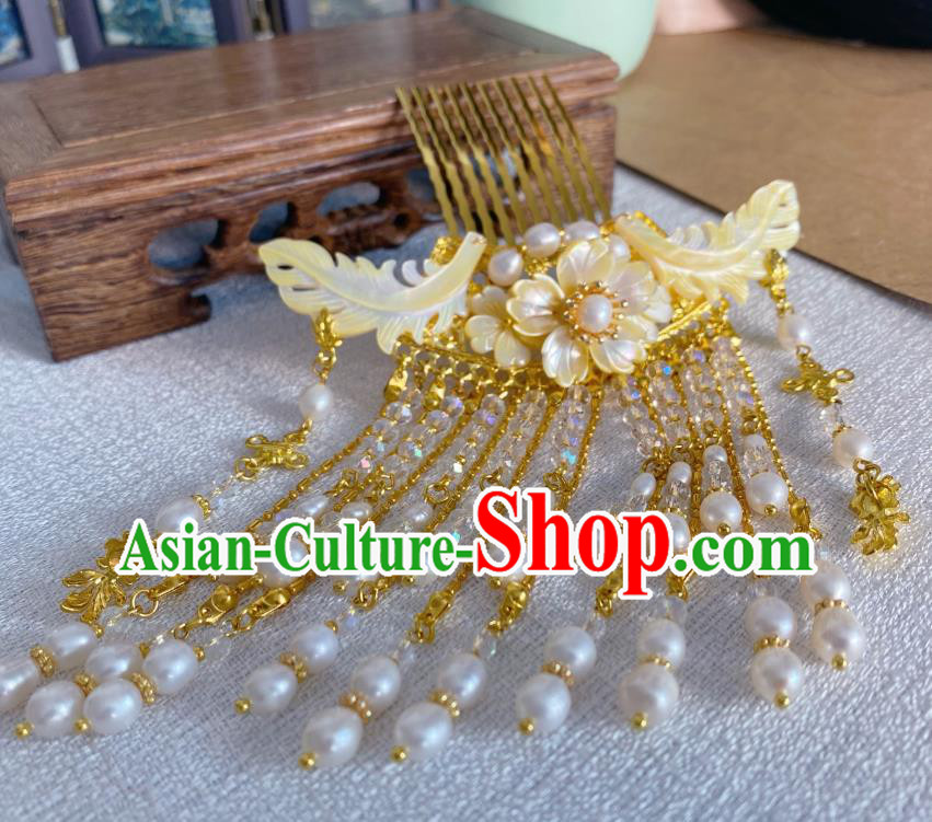 Chinese Ancient Village Girl Shell Pearls Tassel Hairpin Traditional Ming Dynasty Golden Hair Comb Accessories