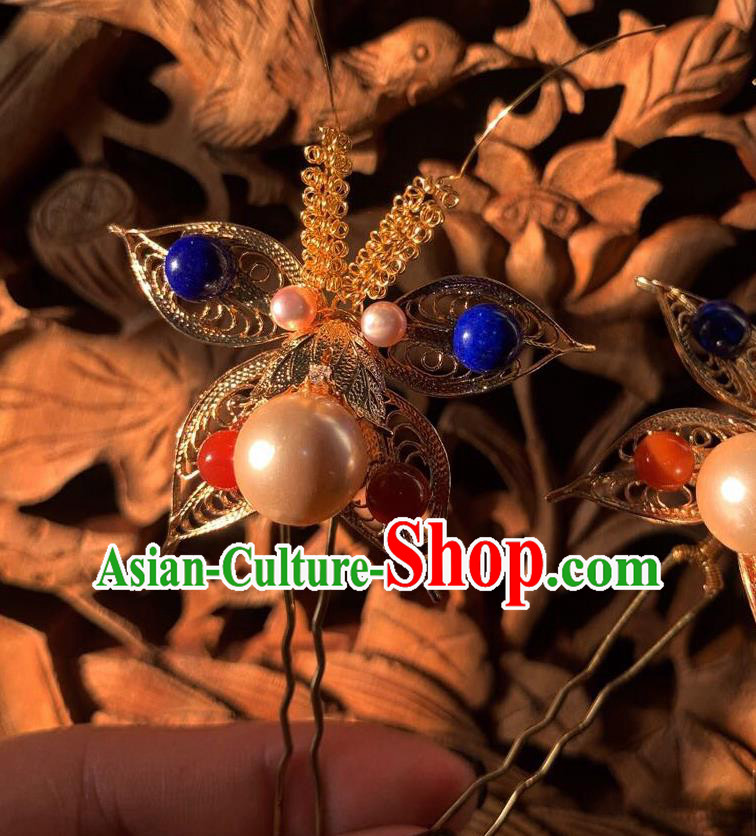China Handmade Golden Butterfly Hairpin Traditional Ming Dynasty Hair Accessories Ancient Imperial Concubine Pearls Hair Stick
