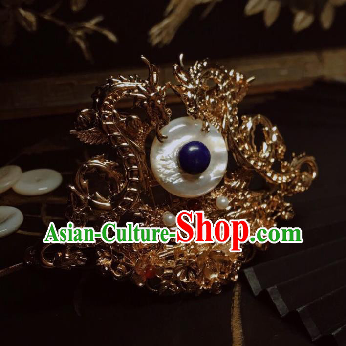 China Handmade Golden Dragon Hairpin Traditional Tang Dynasty Hair Accessories Ancient Prince Shell Hairdo Crown
