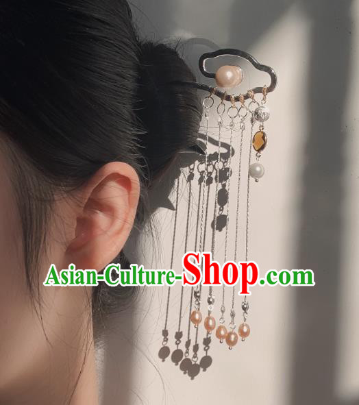 China Handmade Golden Cloud Hairpin Traditional Ming Dynasty Hair Accessories Ancient Princess Pearls Tassel Hair Clip